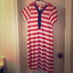 Reddish orange striped with lace up V neck dress